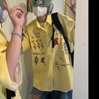 หลวมคู่อเมริกันย้อนยุควาฟเฟิลเสื้อเชิ้ตปักแขนสั้นลายดอกไม้สีสันสดใส
