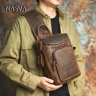 นาสวา หนังแท้กระเป๋าหน้าอกผู้ชายสไตล์ย้อนยุคลําลองไหล่ของ ผู…