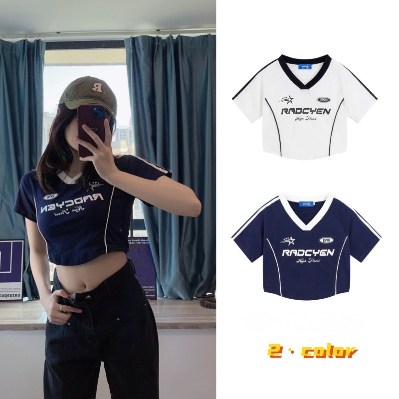 ส่งไวจากไทย SELLDA M-2XL เสื้อครอป แขนสั้น ลายพิมพ์ เสื้อยืด เกาหลี ผู้หญิง คอวี เสื้อ