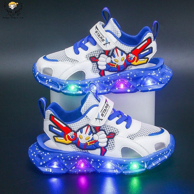 Boys Sports Shoes Male Students Luminous Cartoon Ultraman Hollow Running Shoes Boys Soft Sole Anti-s