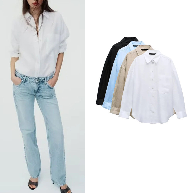 ZARA สินค้าใหม่ เสื้อเชิ้ตผ้าลินินผสมแขนยาวเข้าชุดสบาย 8372120