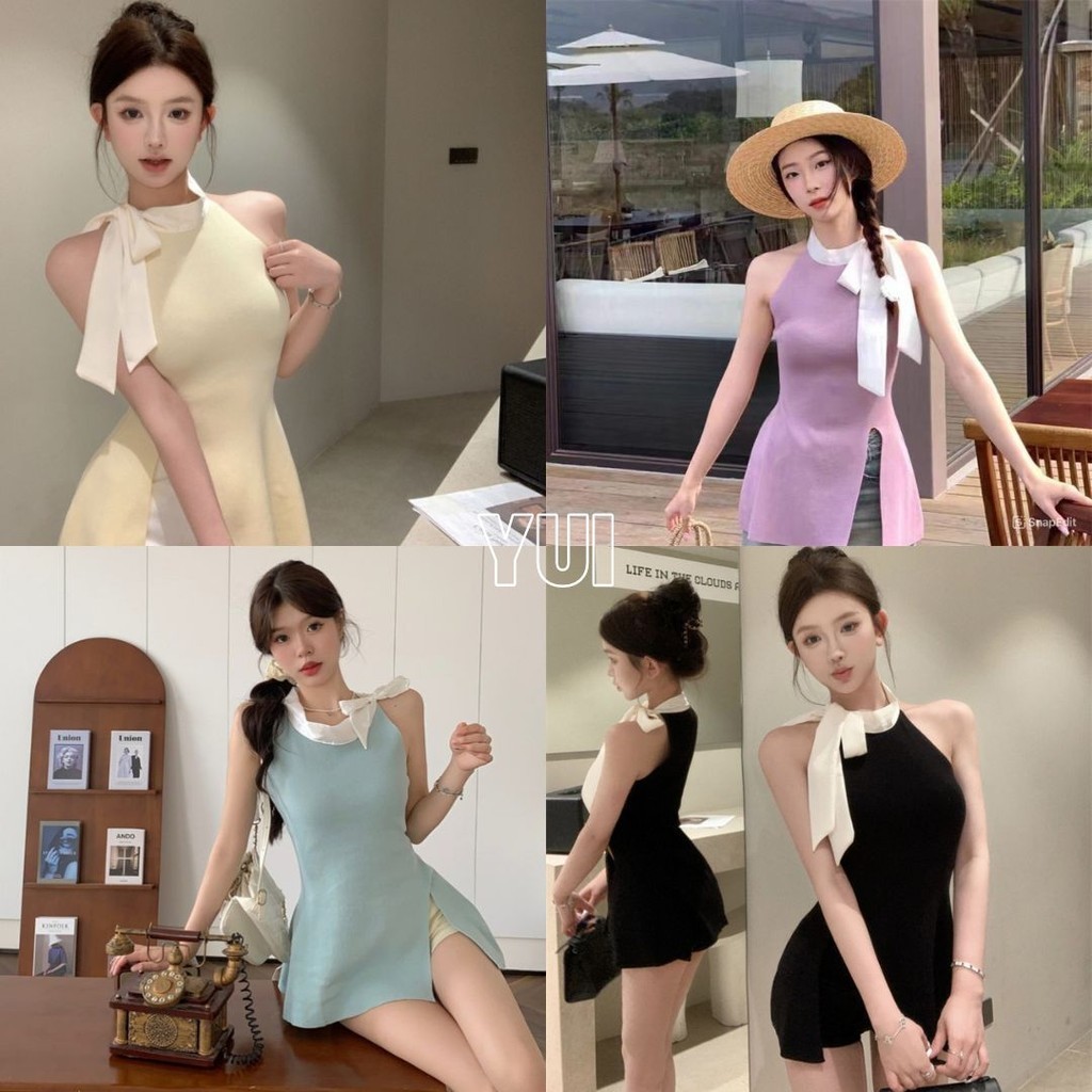 💙YUI💙เสื้อไหมพรมแขนกุด แต่งริ๊บบิ๊นผูกคอ ผ่าข้าง#B38