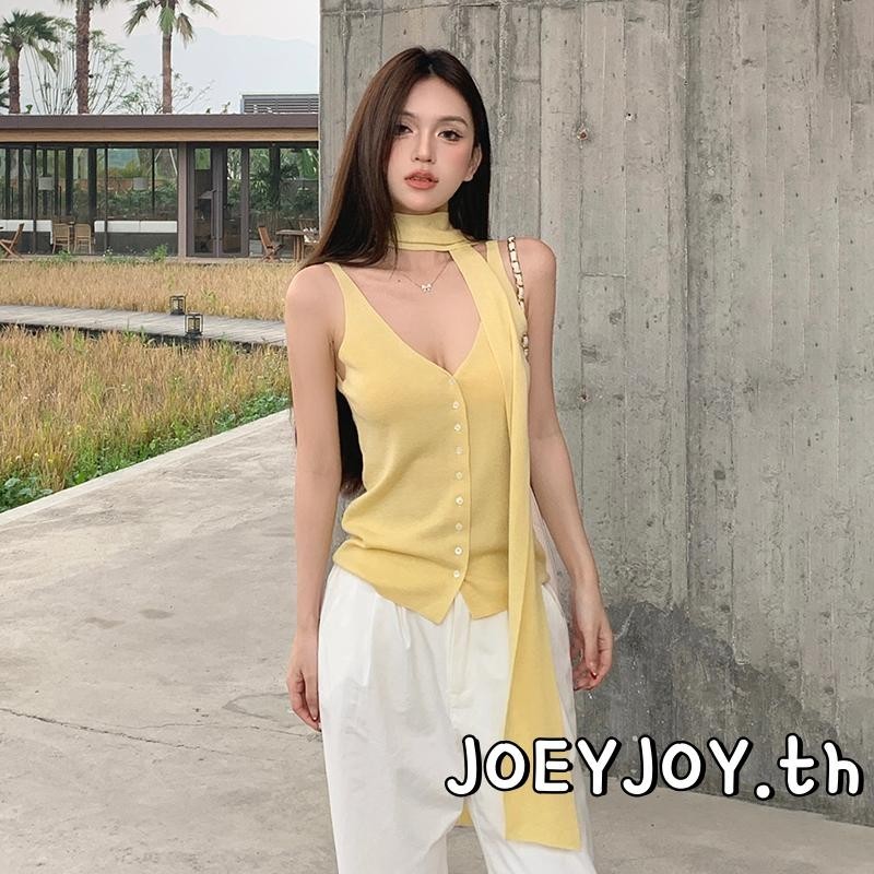Joeyjoy-เสื้อกล้ามผ้าถักสําหรับผู้หญิงแขนกุดคอวีปุ่มลงเสื้อชั้นในสตรีพร้อมผ้าพันคอสตรีท