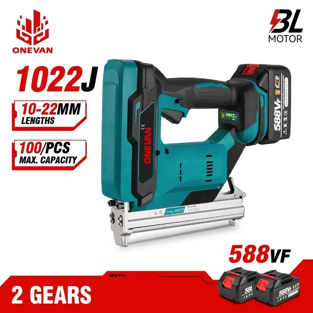Onevan ปืนยิงตะปูไฟฟ้าไร้แปรงถ่าน 2 เกียร์ไร้สาย 1022J Stapler Nailer แบตเตอรี่ลิเธียมเครื่องมือไฟฟ้าสําหรับ Makita 18V แบตเตอรี่