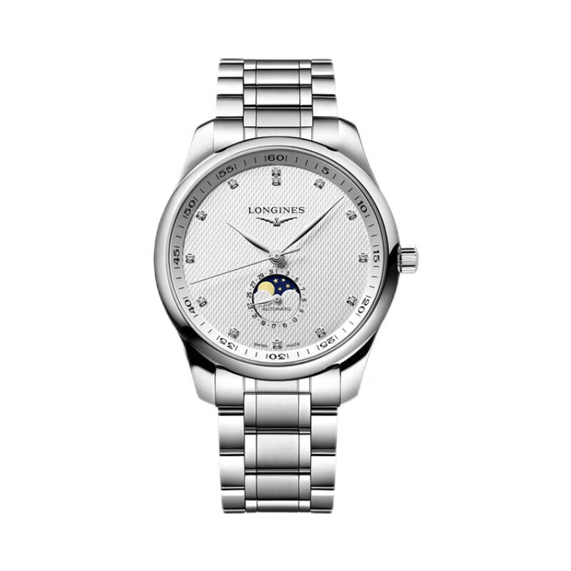 L LONGINES LONGINES Swiss Watch Master Series Moon Photograph Mechanical Steel Band Men 's Watch L29194976 White Plate Steel Band Diamond Hour Mark Moon Phase Watch 42มม