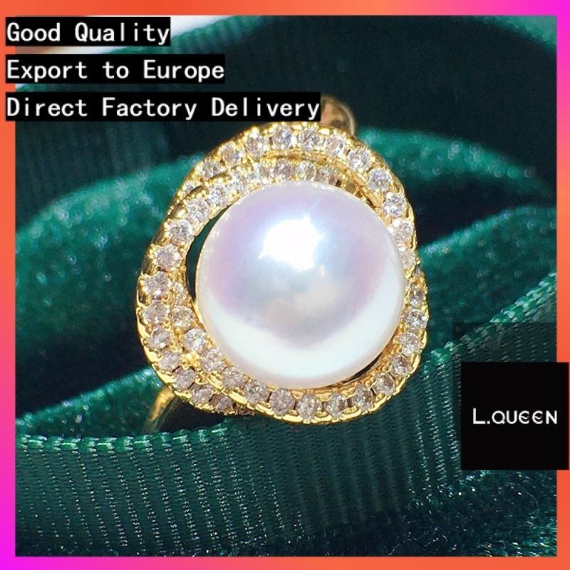 [ไข่มุกน้ําจืดธรรมชาติ] L.QUEEN แหวนมุกน้ําจืด 9-10 มม. Basic Round Front Flawless 18k Gold Full Dia