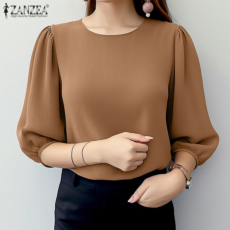 Zanzea เสื ้ อเบลาส ์ สีทึบลําลองคอกลมครึ ่ งแขนสําหรับผู ้ หญิงวินเทจทุกวัน — صورة 4