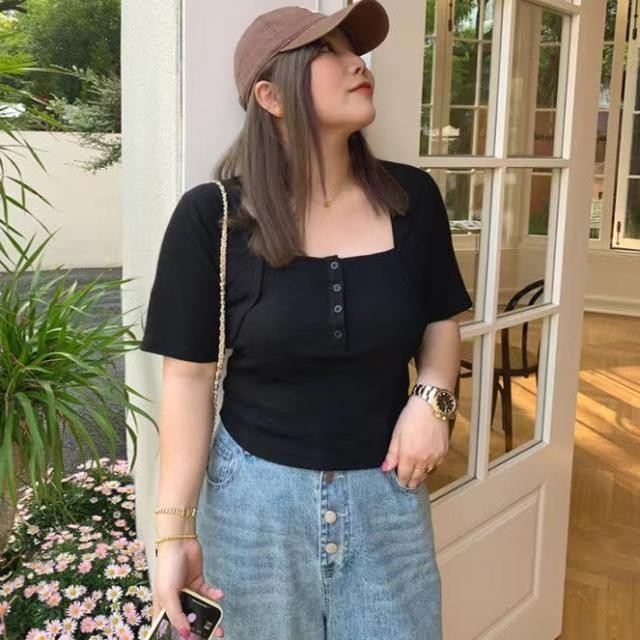 Oversize Tshirt(40-150kg) Retro Women Plain Short Sleeve Top Square Neck Plus Size Fashion T Shirt