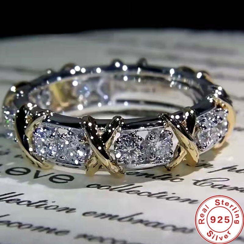หรูหรา 925 แหวนเงินสเตอร ์ ลิง Interlaced Aaa Zircon แหวนคริสตัลสําหรับผู ้ หญิงหมั ้ นเครื ่ องประดับของขวัญ