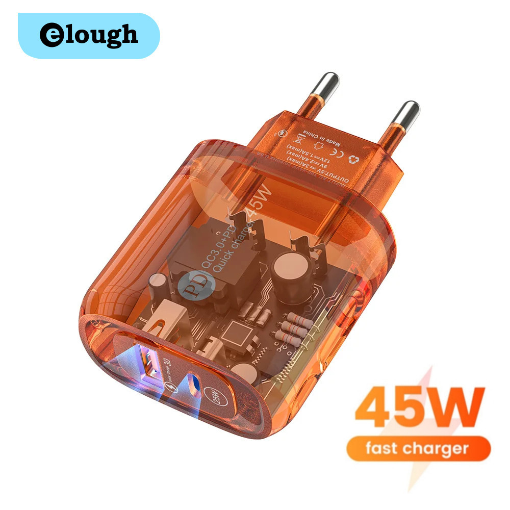 Elough 45W USB A +Type C PD Charger Fast Charging โทรศัพท ์ มือถืออะแดปเตอร ์ โปร ่ งใสสําหรับโทรศัพท ์ มือถือ