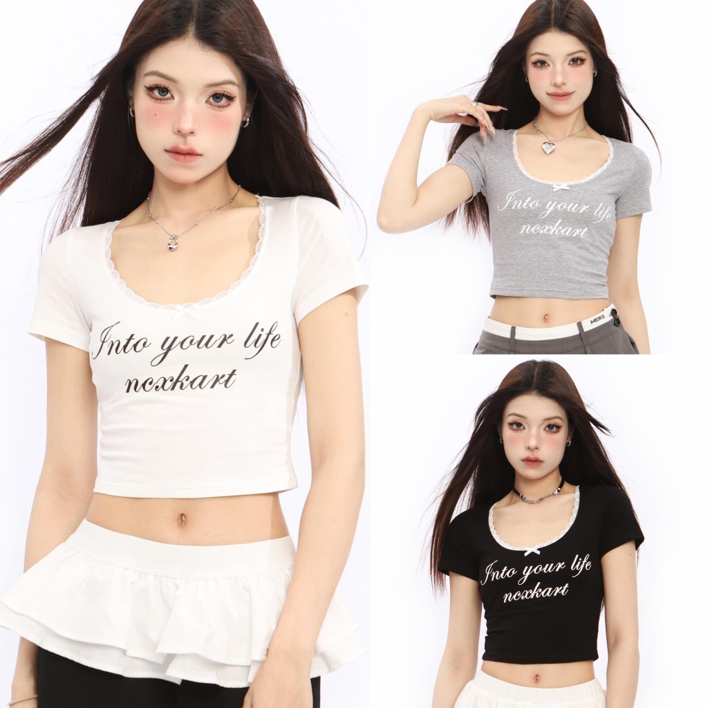 cherryshop พร้อมส่ง เสื้อครอป เสื้อยืด ครอปแขนสั้น ผู้หญิงแฟชั่น คอยู น่ารัก สไตล์เกาหลี ขอบลูกไม้