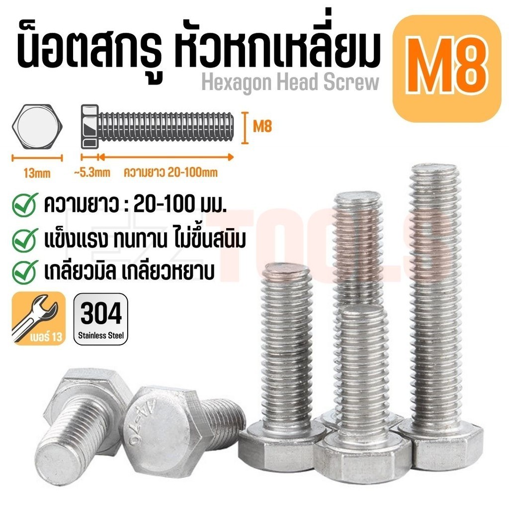 น็อตหัวหกเหลี่ยม M6 เบอร์ 12 น็อตตัวผู้ สกรูสแตนเลส 304 เกลียว 1.25มม. Hexagon Head Screws มาตรฐาน DIN933 มีหลายขนาด