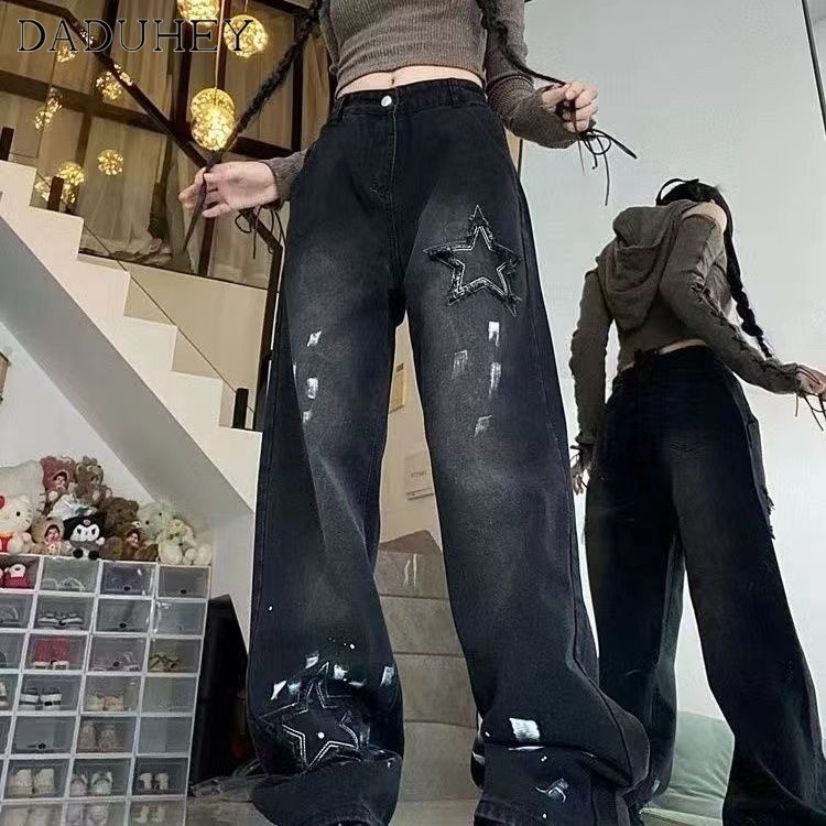 DaDuHey Women's 2024 Summer American High Street Fashion Straight Jeans Design Splash-Ink Five-Pointed Star High Waist Loose Wide Leg Pants