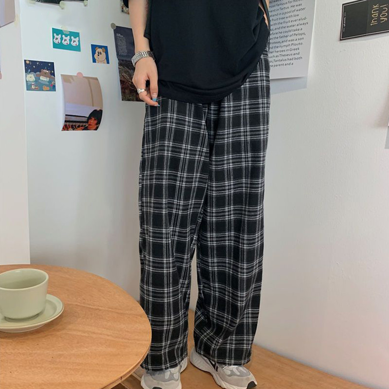 Nuziro Casual Pants - กางเกงขากว้างลายสก๊อตทรงหลวมสไตล์เรโทรแฟชั่นสําหรับผู้หญิง #8895