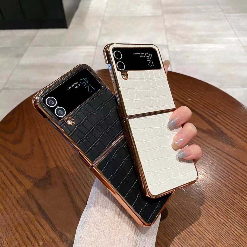 ปลอกสําหรับ Samung Galaxy Z flip 3 4 รูปแบบจระเข้คลาสสิกพับเคสโทรศัพท์ Electroplated หนังฝาครอบป้องกัน