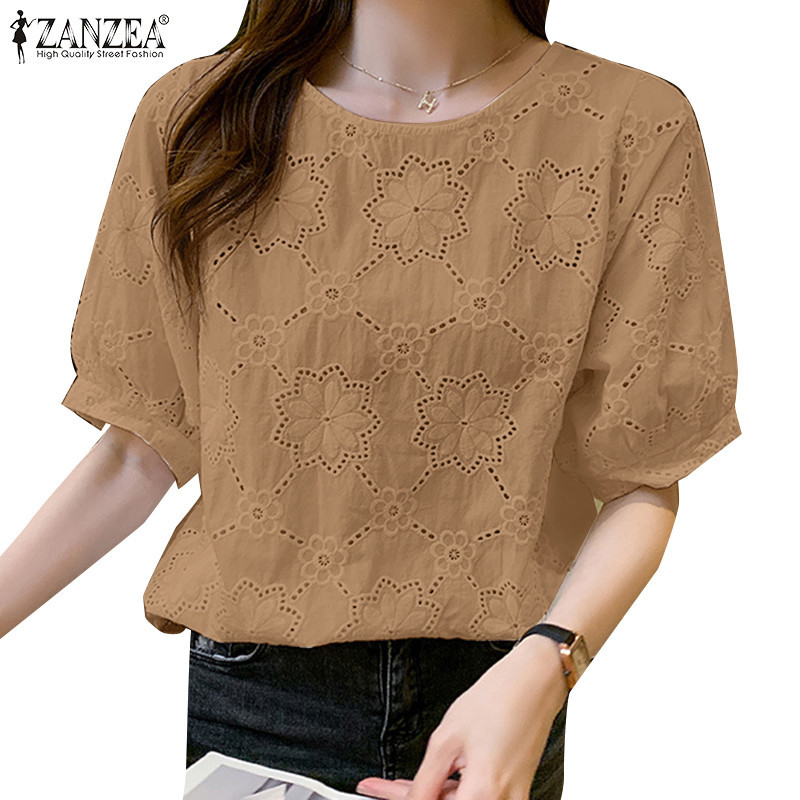 Zanzea เสื้อเบลาส์แขนสั้นปักคอวีลําลองเกาหลีสําหรับผู้หญิง