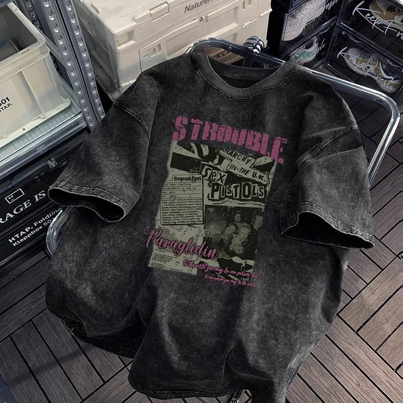 CC chao（ จัดส่งตลอด 24 ชั่วโมง ）S-XXXL เสื้อยืดฟอก oversize ผ้าคอตตอน แฟชั่น สไตล์ฮิปฮอป เรโทร