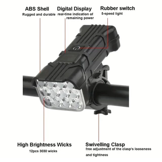 1200mAh ไฟหน้าจักรยาน Super Bright USB-C 12 ลูก LED ไฟหน้าจักรยานแบบชาร์จไฟได้พร้อมแตรอุปกรณ์จักรยานกันน้ำ
