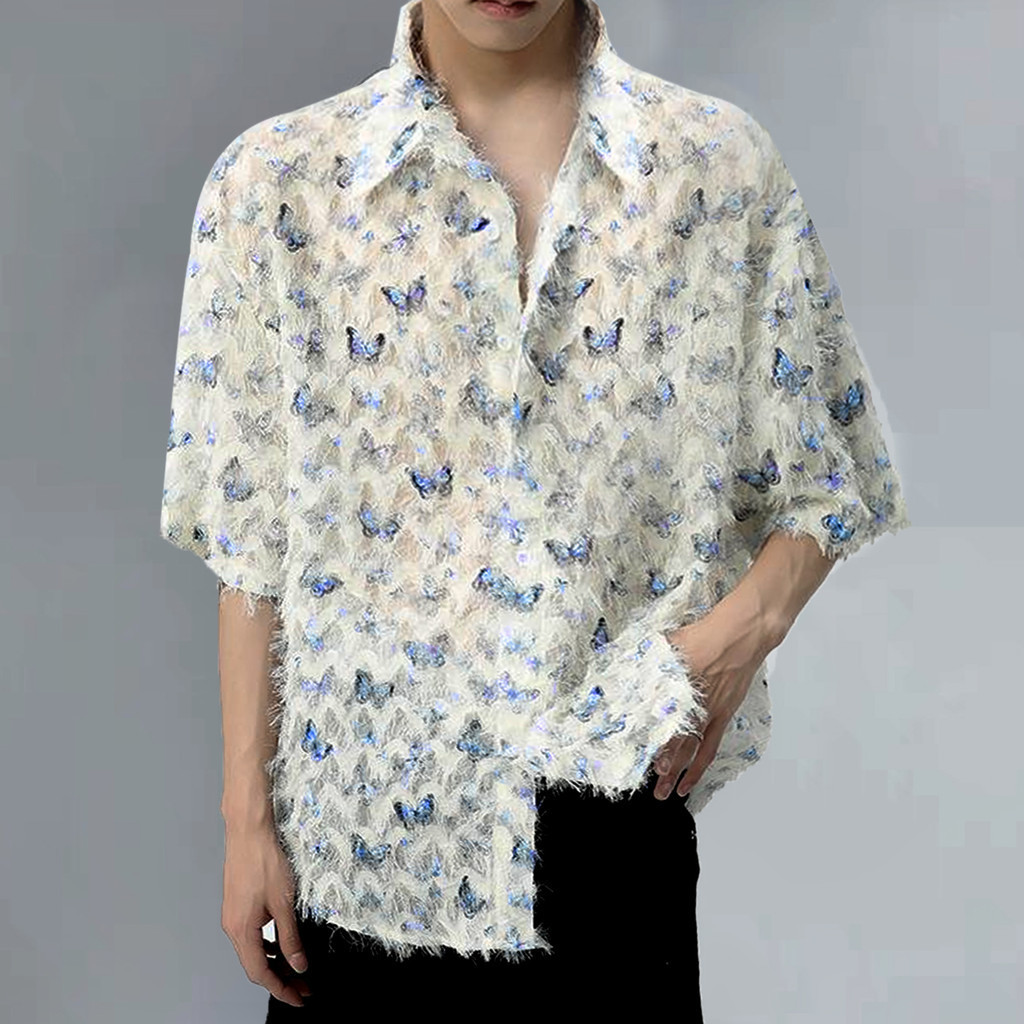 เสื้อเชิ้ตผู้ชายลายดอก วินเทจเกาหลีแฟชั่นทรงหลวมขาวแขนสั้นเสื้อคอปก