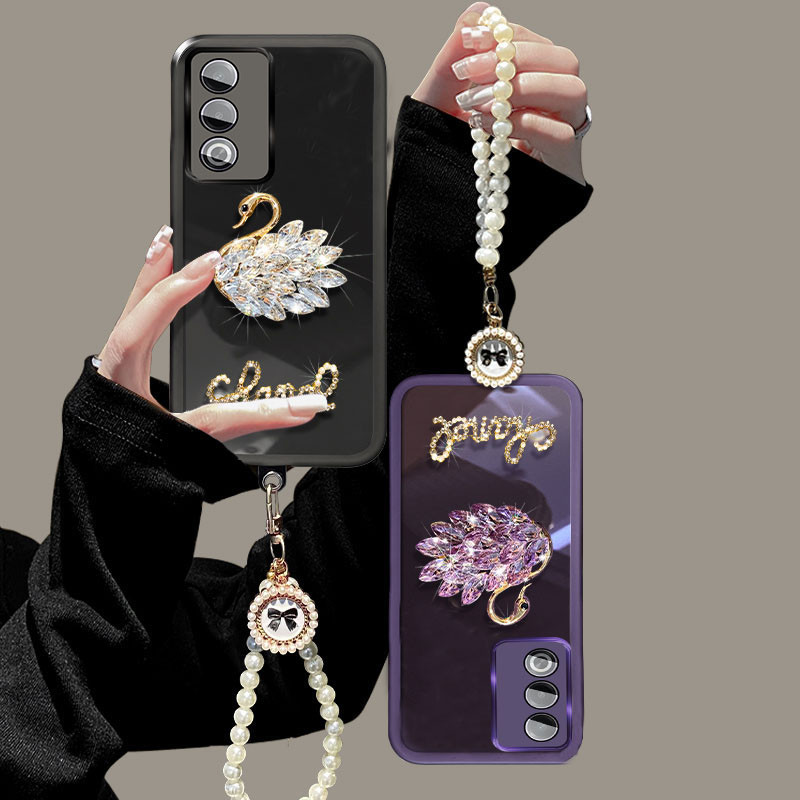 เคสหรูหรา Oppo A3 Pro 5G Global Version 2024 เคสโทรศัพท์คริสตัลหงส์ + สร้อยข้อมือมุกเลนส์ฟิล์มป้องกัน Candy Cover Oppo A3pro 5G