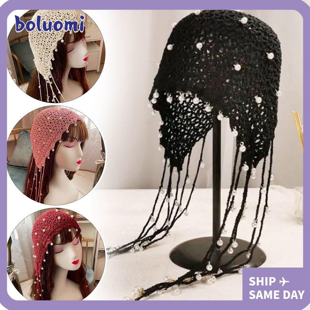 Bolumi Bun หมวก, Retro ชาติพันธุ์โครเชต์หมวก,หวาน Handmade Pearl Breathable Headscarf หมวกผู้หญิง