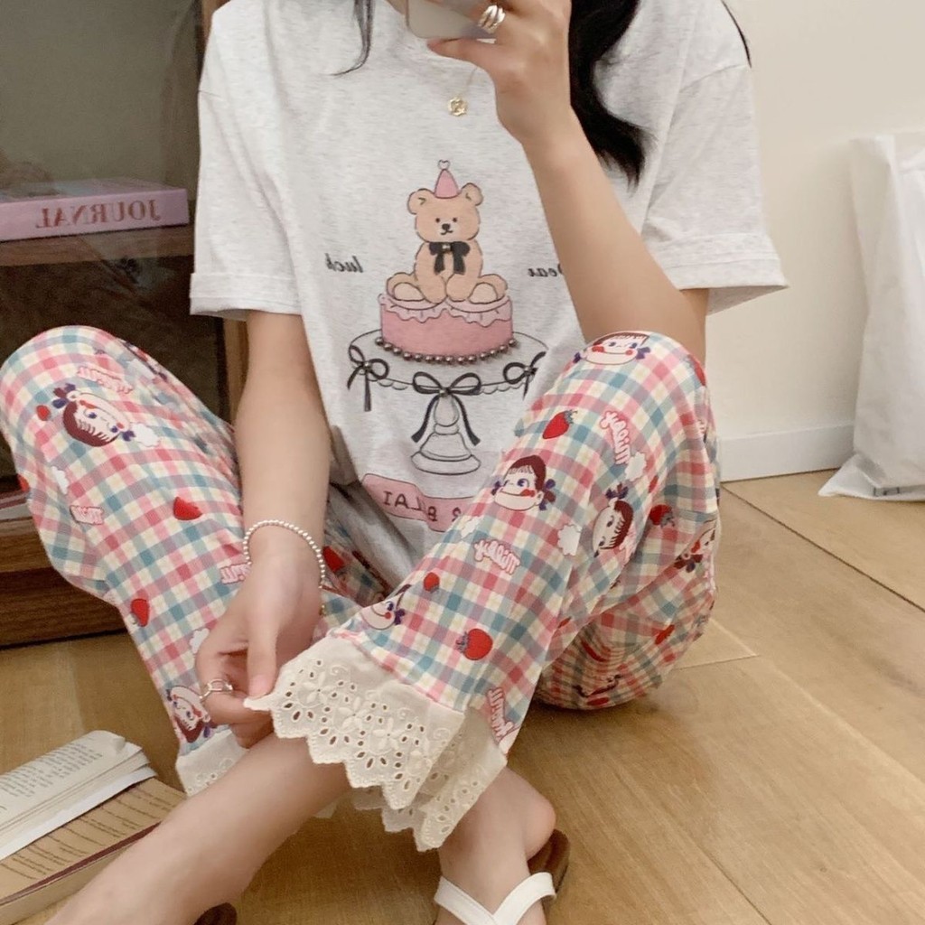 มิลิแฟชั่น ฤดูร้อนแสงบางผ้าไหมน้ําแข็งดอกไม้การ์ตูนลูกไม้เย็บขนาดใหญ่กางเกงต่อต้านบ้าน