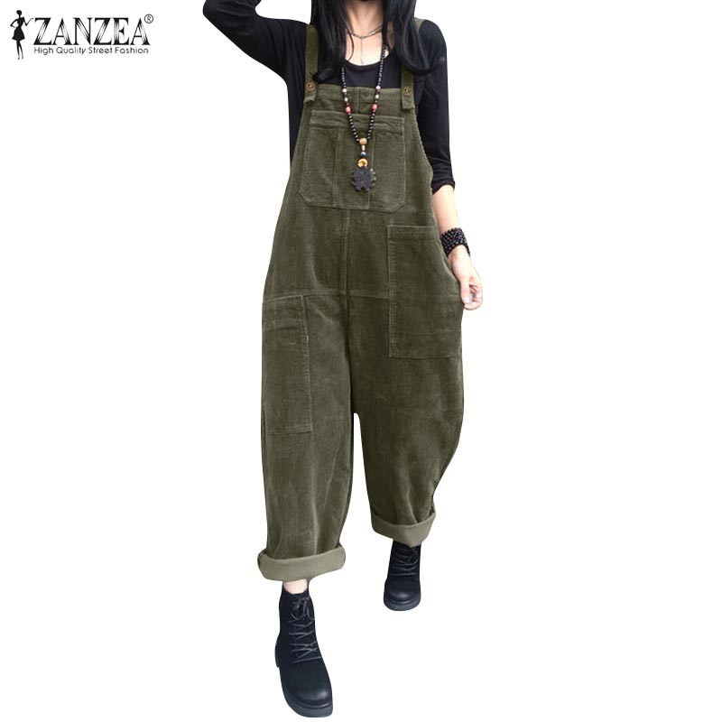ZANZEA ใส่ ซานเซีย ผู้หญิงเกาหลีลําลองแขนกุดตรงกว้างขาผ้าลูกฟูกแฟชั่น ชุดเอี๊ยม