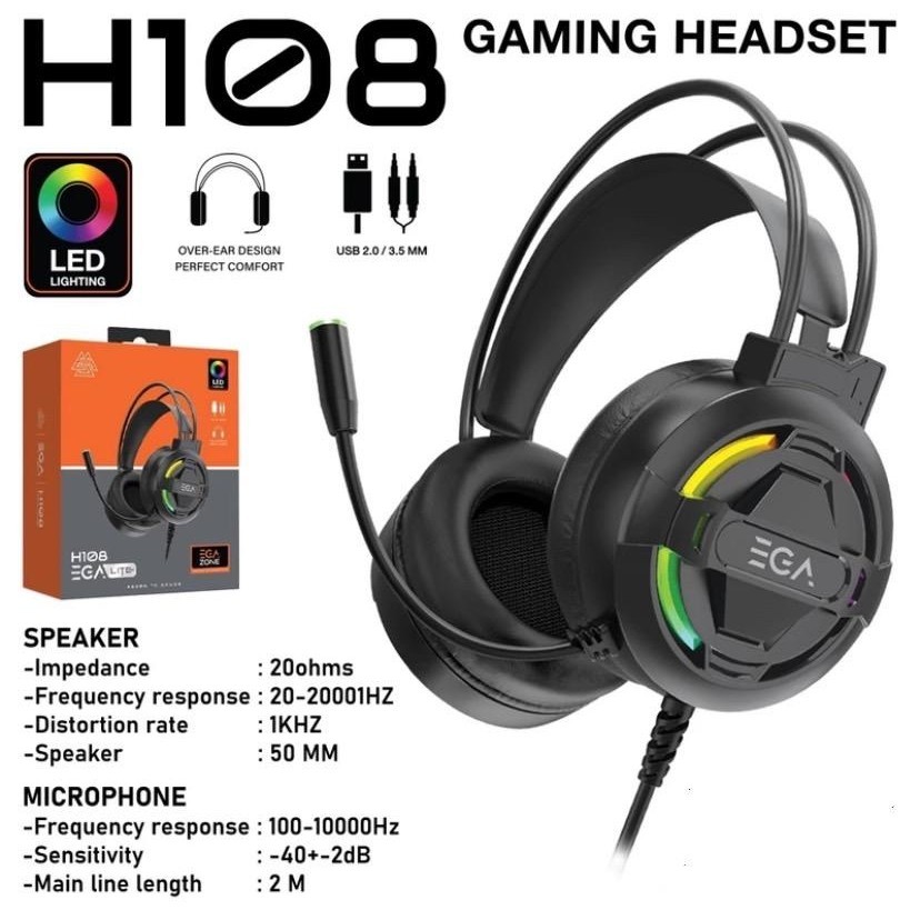 EGA หูฟังเกมมิ่ง LITE H108 LED Lighting 7.1 VIRTUAL Jack 3.5mm 2 หัว + 1 USB