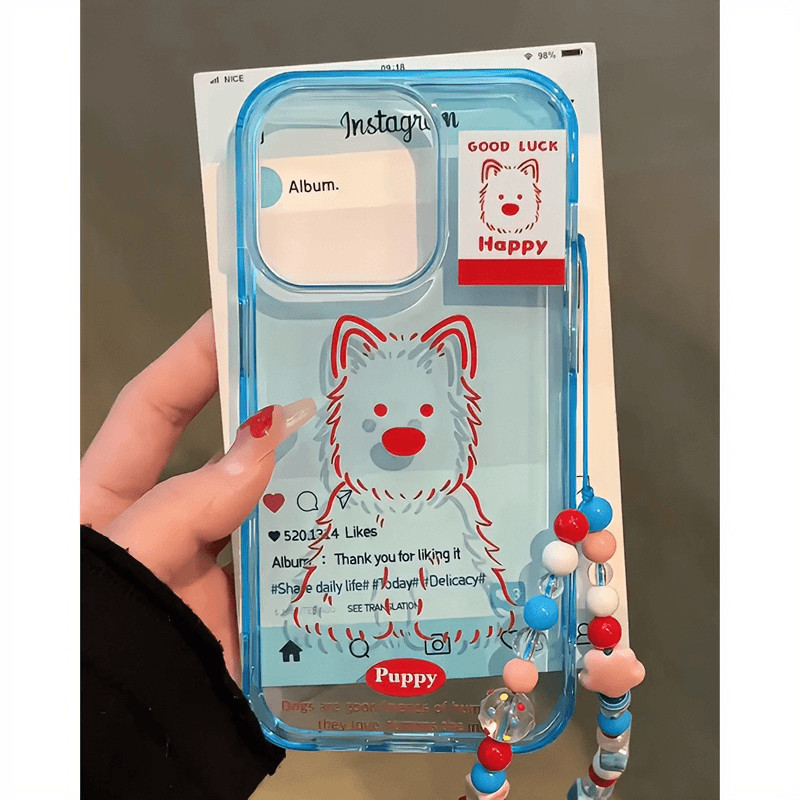 น่ารักโปร่งใส Blue Line Dog + โทรศัพท์โซ่เคสโทรศัพท์สําหรับ iPhone15 14 13 12 11 Pro Max ป้องกันการกระแทกกล้องป้องกันลื่นฮาร์ดปกหลัง