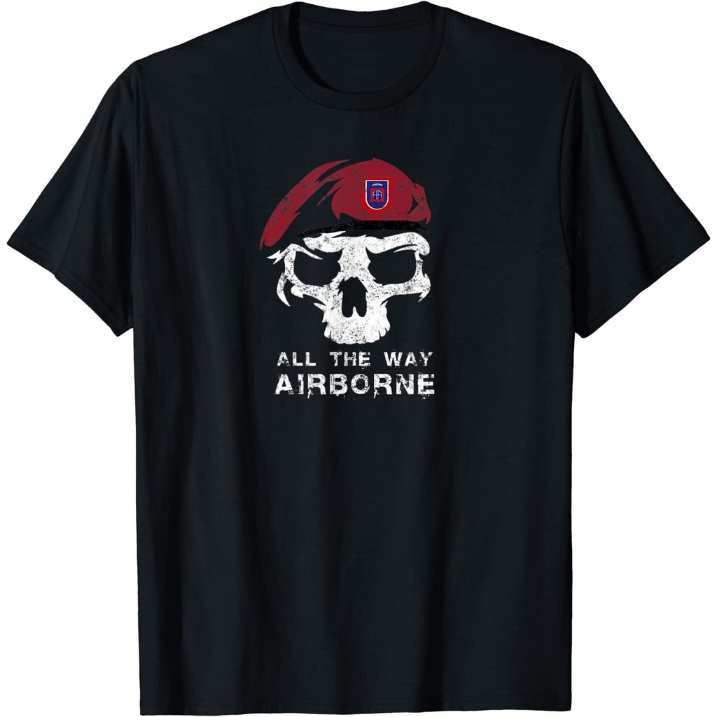 เสื้อยืด Vintage Army 82Nd Airborne All The Way Skull Maroon Beret