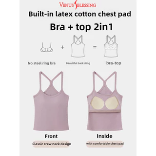 2 IN1 Bra-Top Y-shape Beauty-back Off-the-shoulder Top ผู้หญิงเต้านม Pad Bra + Top 2in1 Ribbed เสื้อกั๊ก Top