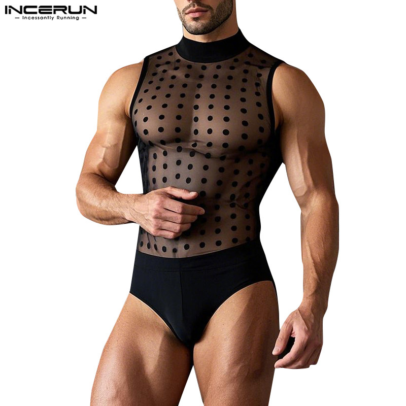 Incerun Men Vintage Clubwear Party บอดี้สูทแขนกุดตาข่ายลายจุดคอสูงครึ่งคอ