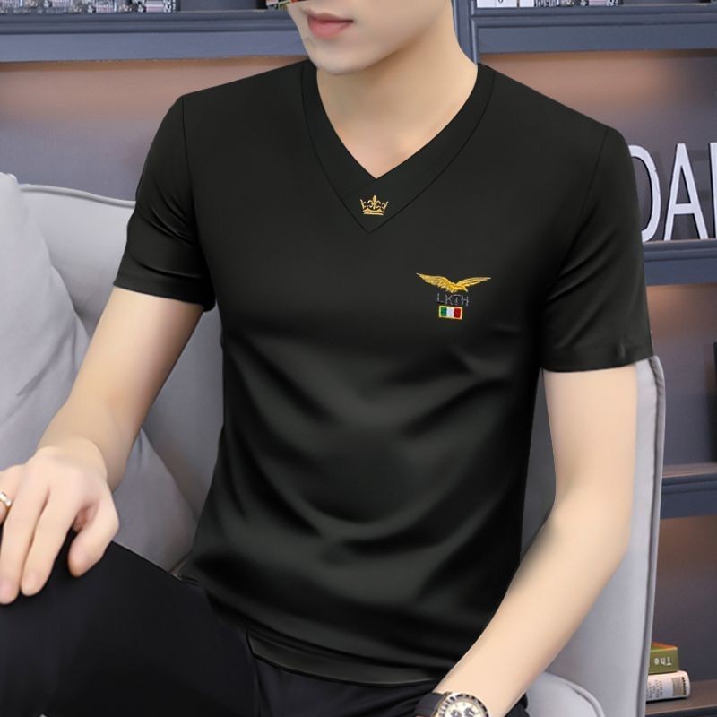 2025 ฤดูร้อนใหม่ระดับไฮเอนด์สลิมฟิตผ้าไหมน้ําแข็งแห้งเร็วเสื้อยืดแขนสั้นคอวีสําหรับผู้ชาย