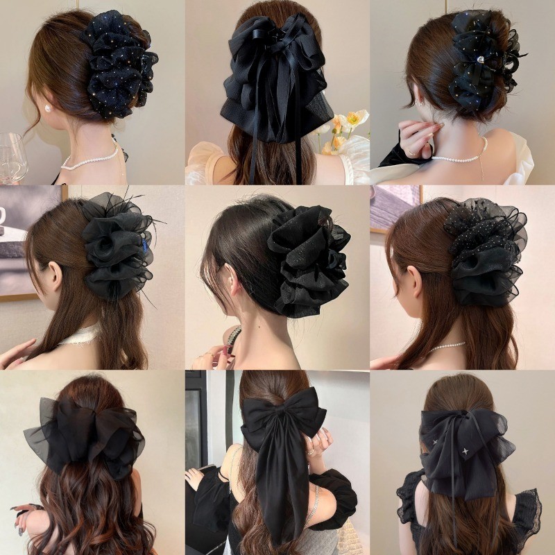 กิ๊บติดผมสําหรับผู้หญิงแฟชั่นเกาหลีอารมณ์สวยสีดําบิ๊กริบบิ้นโบว์กิ๊บผมกรงเล็บคลิปอุปกรณ์ผม