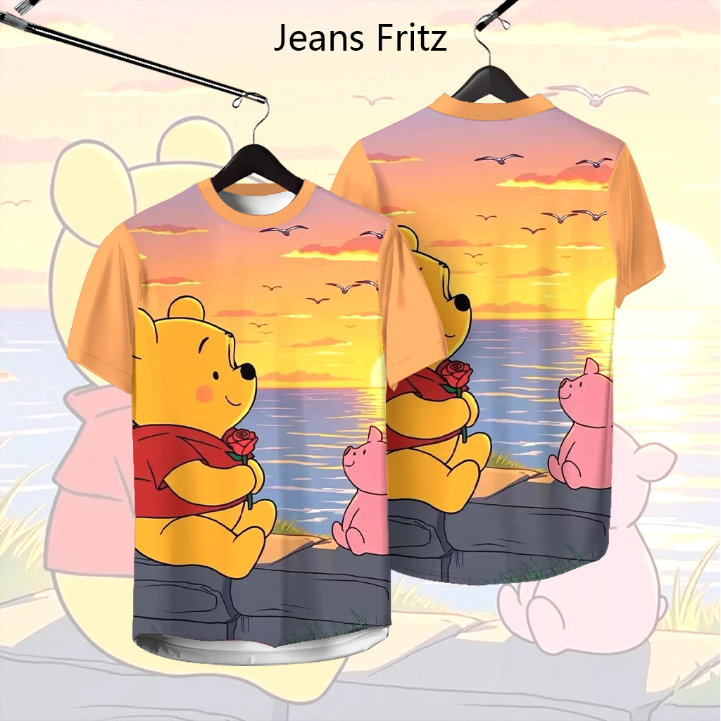 หมีพูห์เสื้อยืดคอกลมแขนสั้นพิมพ์ลายการ์ตูนสําหรับผู้ชายและผู้หญิงคู่แฟชั่นสบายและอเนกประสงค์