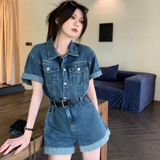Jumpsuit Pendek Denim Retro dengan Lengan Pendek Pinggang Lebar, dan Kaki Celana Pendek Baru{Tidak termasuk ikat pinggang}043