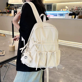 Pearsbags กระเป๋าสะพายคู่ ความจุขนาดใหญ่ น่ารัก โบว์ โรงเรียน สีทึบ กระเป๋าสวย