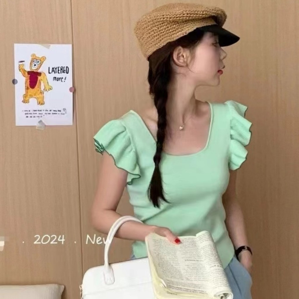 แจ็คเก็ตลดความอ้วนแบบมีเชือกรูดสำหรับผู้หญิง ฤดูใบไม้ผลิ คอเหลี่ยม แขนลูกไม้ เสื้อชั้นในถักเรียบง่าย