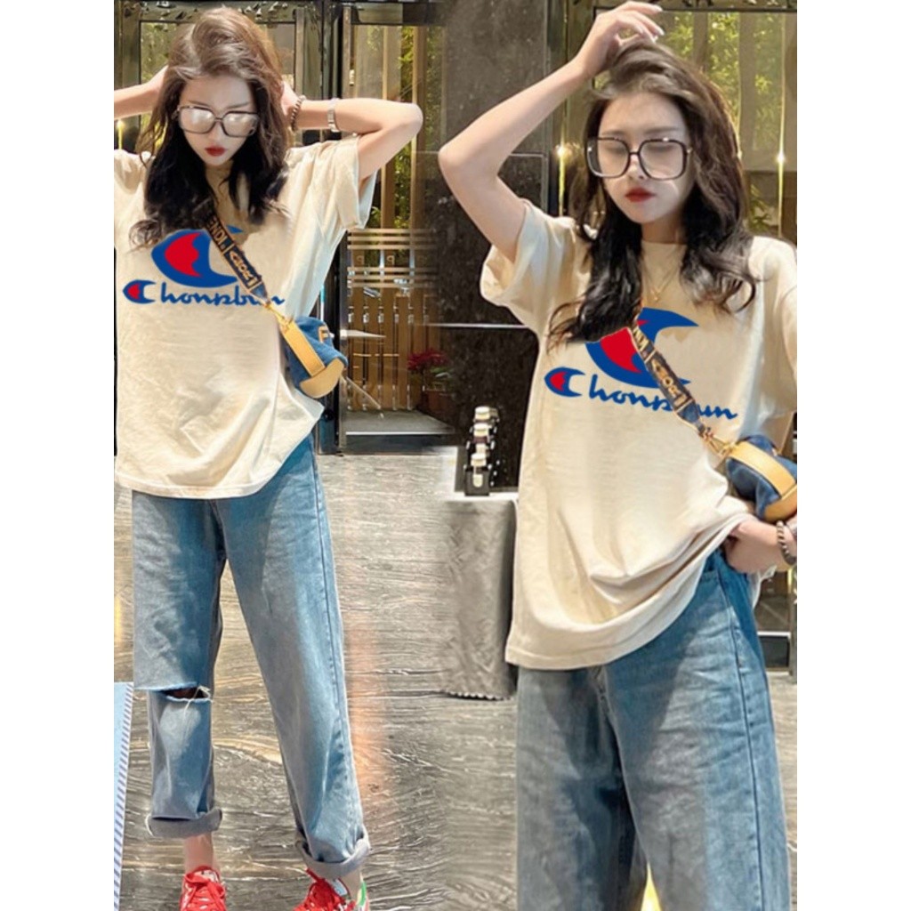 พิมพ์โลโก้ Champion เสื้อยืด แขนสั้น ผ้าฝ้ายแท้ ทรงหลวม ขนาดใหญ่ สีรุ้ง สําหรับผู้ชาย และผู้หญิง เสื้อยืดวินเทจ