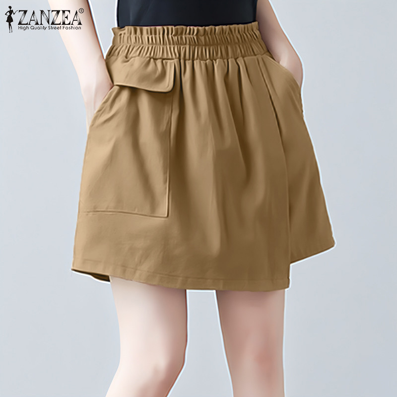 ZANZEA ใส่ ซานเซีย ผู้หญิงเกาหลีสบายๆเอวยางยืดเท็จสองกับกระเป๋ากางเกงขาสั้น - รูปที่ 4