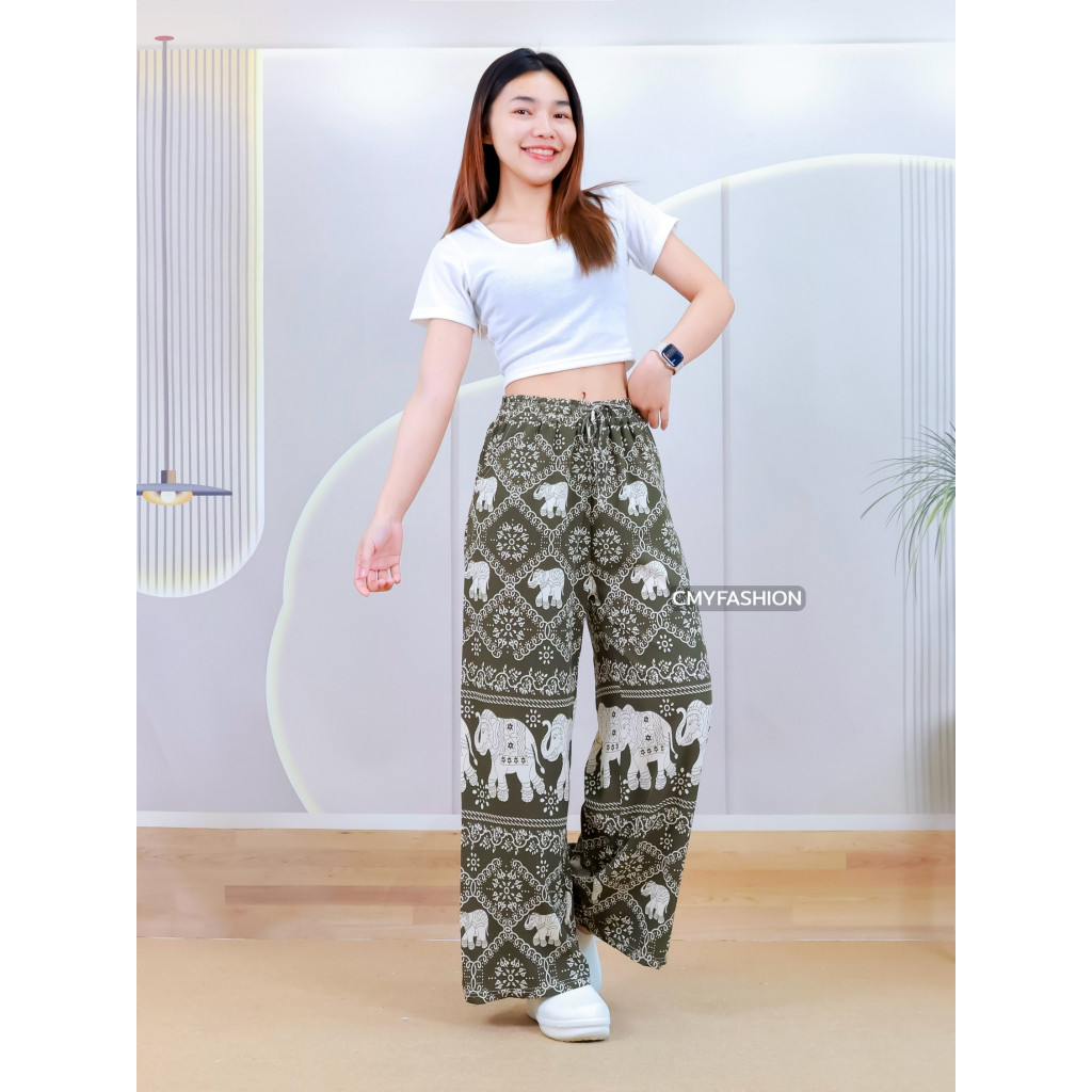 กางเกงขายาว พิมพ์ลายช้าง ทรงขากระบอกใหญ่ ผ้าไหมอิตาลี่ เนื้อผ้านิ่ม สไตล์ไทยโมเดิร์น  p9375# - รูปที่ 4
