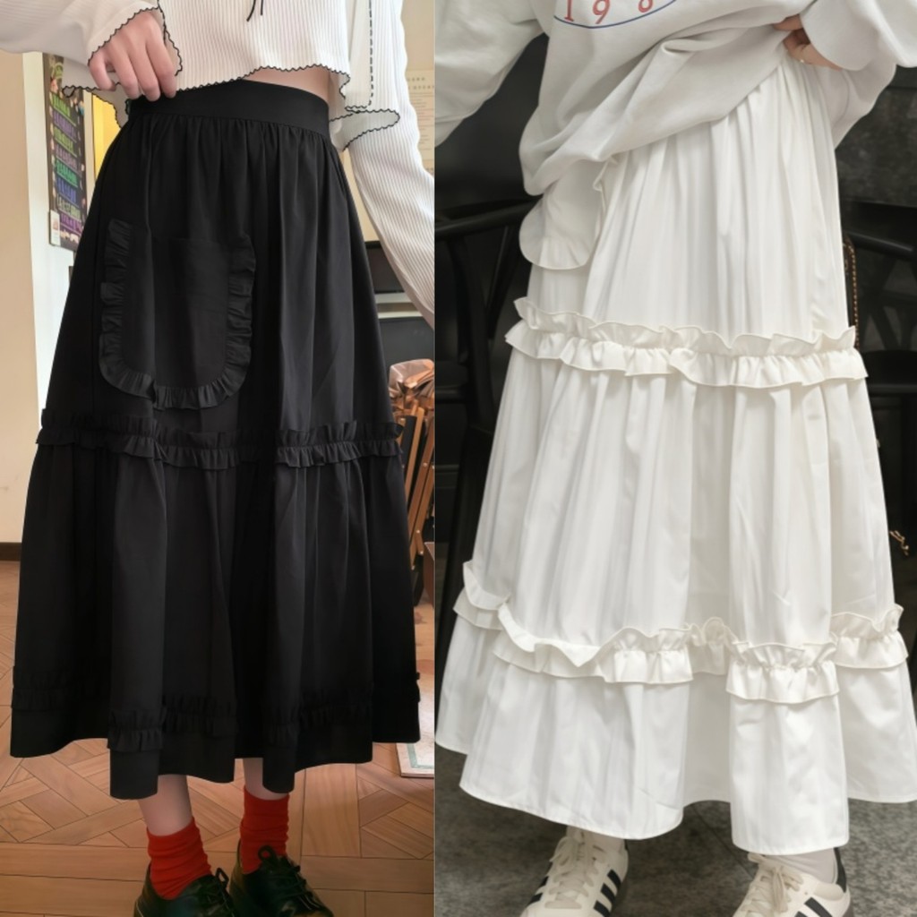 Suysuy พร้อมส่ง กระโปรงยาว เอวสม็อค (มีซับใน) แต่งระบายรอบตัว สไตล์เกาหลี ผ้าคอตตอน มีกระเป๋า 1 ข้าง ทรงเจ้าหญิง