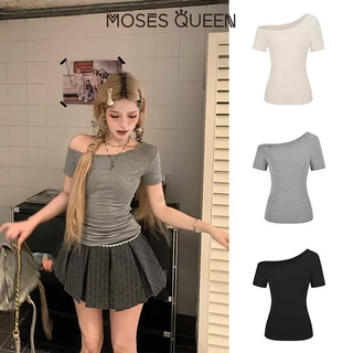 MOSESQUEEN ปิดไหล่แขนสั้นผู้หญิงฤดูร้อนใหม่อเนกประสงค์เซ็กซี่ผอมบริสุทธิ์เรียบง่ายขายร้อน #62318