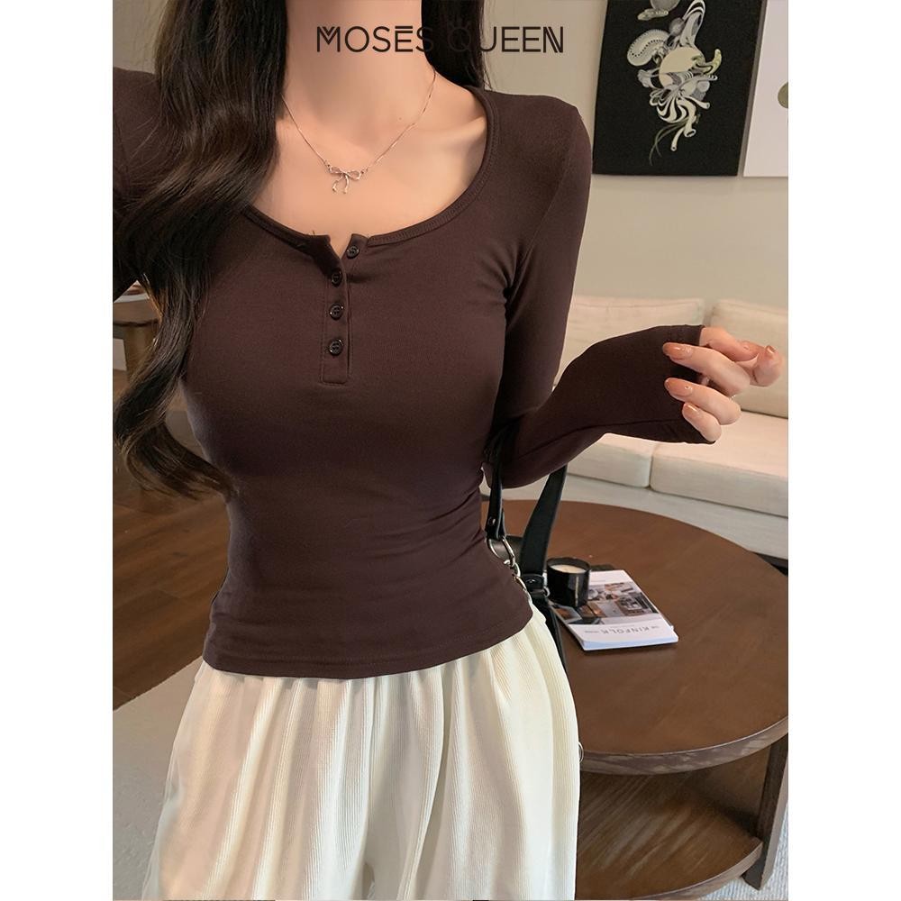 MOSESQUEEN Pure U-neck คอกึ่งเปิดแขนยาวผู้หญิงใหม่การออกแบบเฉพาะเสื้อลําลอง #62315 ราคา ถูกที่สุด ดีลบีเคเค แกลเลอรีภาพที่ 4