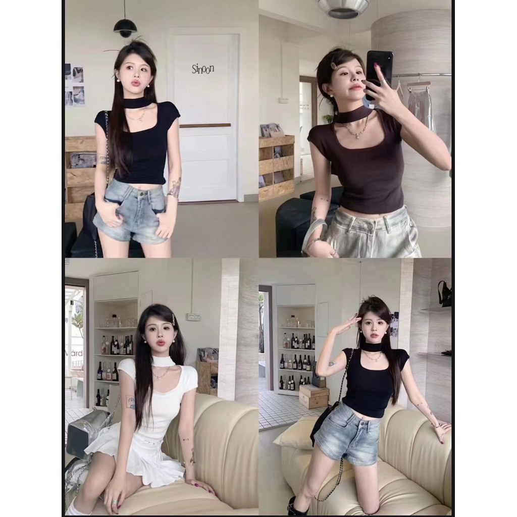 ทีเชิ้ตถักขนาดเล็กแบบเข้ารูปพอดีสำหรับผู้หญิง คอสั้นหวาน คอเหลี่ยมสำหรับผู้หญิง ฤดูร้อน บาง แบบเฉพาะ