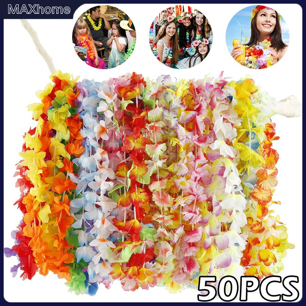 50 ชิ้น ดอกไม้ฮาวายสร้อยคอ ฮาวายพวงมาลัย หลากสี งานแต่งงาน เสื้อฮาวาย สําหรับชายหาด สีสันสดใส