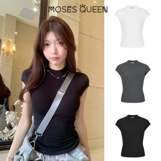 MOSESQUEEN สหรัฐอเมริกาโบราณครึ่งคอสูงเสื้อยืดแขนเล็กๆในฤดูใบไม้ผลิเสื้อยืดใหม่ที่มีเสื้อสั้นสาวฮอต# 62872