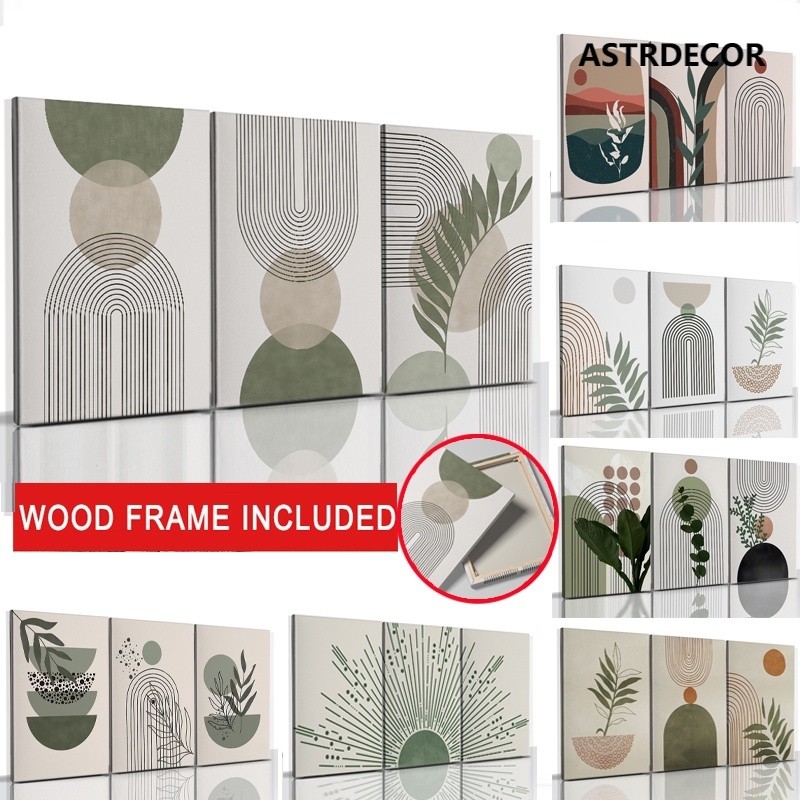 (พร้อมกรอบไม้) 3 ชิ้น Boho Mid-Century ผ้าใบโมเดิร์น Wall Art ชุดบทคัดย่อเรขาคณิต Art สีเขียว Beige พฤกษศาสตร์ Leaf โปสเตอร์ Minimalist ความงามผนังพิมพ์สําหรับห้องนั่งเล่นห้องนอน