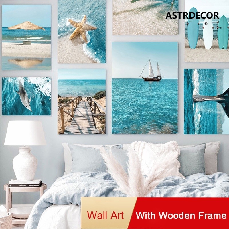 (พร้อมกรอบ) โปสเตอร์ผ้าใบ พิมพ์ลายทะเล สะพานเรือใบ ปลาดาว กระดานโต้คลื่น สําหรับตกแต่งผนังบ้าน