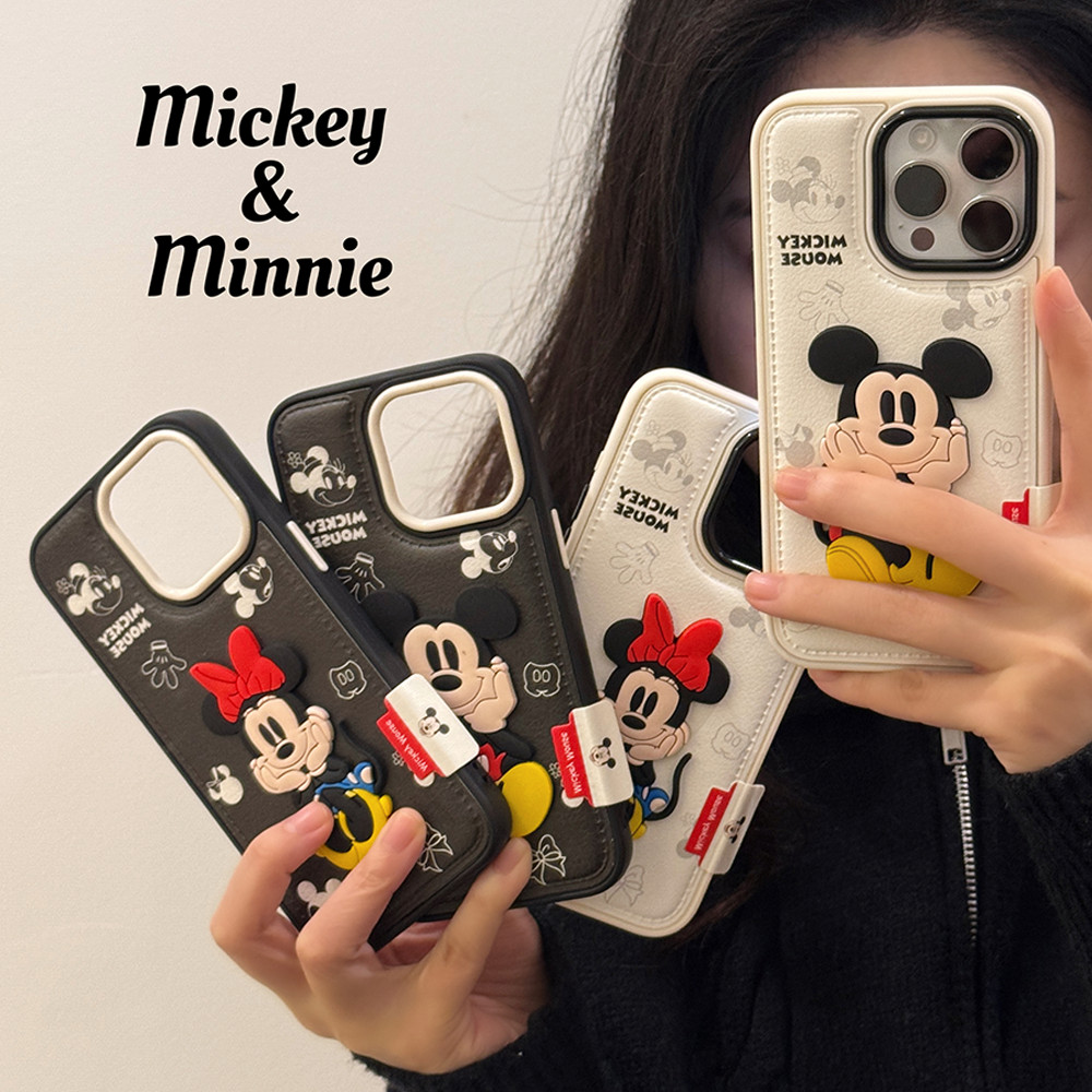 IPhone 17 16 15 14 13 Pro Max ปลอกพรีเมี่ยมถุงลมนิรภัยกันกระแทกการ์ตูนคู่ Mickey Minnie Mouse เคสหนัง Thicken กล้องป้องกันกรณีสําหรับ Iphone 14 Pro Max